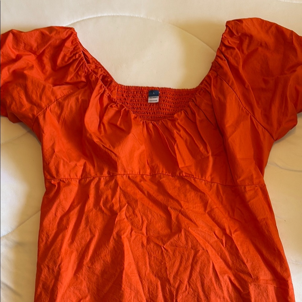 Orange Puff Sleeve Smocked Blouse